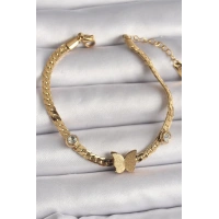 316L Çelik Gold Renk Yassı Zincir Zirkon Taşlı Simli Kelebek Figür Kadın Bileklik