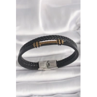 316L Çelik Gold Renk ZikZak İşlemeli Aksesuarlı Çift Sıra Burgu Desenli Deri Kordon Erkek Bileklik