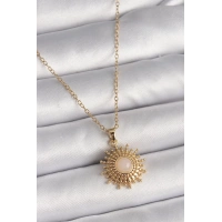 316L Çelik Gold Renk Zincir Beyaz Mineli Güneş Model Kadın Kolye