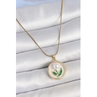 316L Çelik Gold Renk Zincir Beyaz Mineli İncili Çiçek İşlemeli Portre Model Kadın Kolye