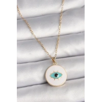 316L Çelik Gold Renk Zincir Beyaz Mineli Turkuaz Göz İşleme Model Kadın Kolye