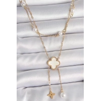 316L Çelik Gold Renk Zincir Beyaz Yonca Figür Sallantı Çiçek İnci Detay Kadın Kolye