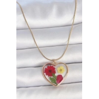 316L Çelik Gold Renk Zincir Epokis Kalp Doğal Çiçek Model Kadın Kolye