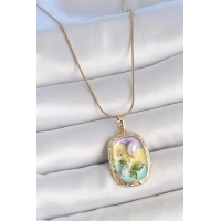 316L Çelik Gold Renk Zincir İncili Çiçek İşlemeli Portre Model Kadın Kolye