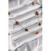 316L Çelik Gold Renk Zincir Kahvrengi Doğaltaş Model Kadın Kolye