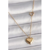 316L Çelik Gold Renk Zincir Kalp Detay Kalp Figür Kadın Kolye