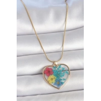 316L Çelik Gold Renk Zincir Kalp Epoksi Renkli Çiçek Model Kadın Kolye