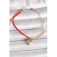 316L Çelik Gold Renk Zincir Kırmızı İp Model Sallantı Kalp Figür İşleme Detaylı Kadın Bileklik