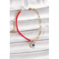 316L Çelik Gold Renk Zincir Kırmızı İp Model Sallantı Nazar Boncuk Figür Kadın Bileklik