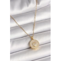 316L Çelik Gold Renk Zincir Madalyon Zirkon Taşlı Kalp Model Kadın Kolye
