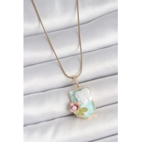 316L Çelik Gold Renk Zincir Mavi Mineli İncili Çiçek İşlemeli Portre Model Kadın Kolye