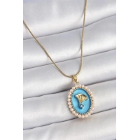 316L Çelik Gold Renk Zincir Mavi Mineli İncili Zirkon Taşlı Çiçek İşlemeli Portre Model Kadın Kolye