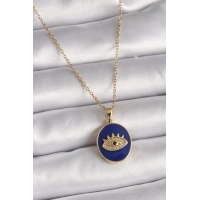 316L Çelik Gold Renk Zincir Mavi Mineli Zirkon Taşlı Göz İşleme Kadın Kolye