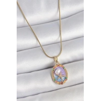 316L Çelik Gold Renk Zincir Mix Renk Deniz Yıldız İşlemeli Renki Çiçek Detay Portre Model Kadın Kolye