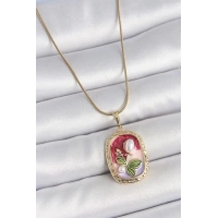 316L Çelik Gold Renk Zincir Mix Renk İncili Çiçek İşlemeli Portre Model Kadın Kolye