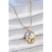 316L Çelik Gold Renk Zincir Mix Renk Mineli İnci Çiçek İşlemeli Portre Model Kadın Kolye