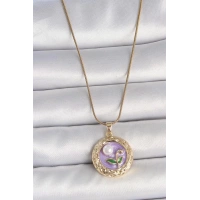 316L Çelik Gold Renk Zincir Mor Çiçek İşlemeli İnci Detay Potre Model Kadın Kolye