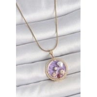 316L Çelik Gold Renk Zincir Mor Mineli İncili Çiçek İşlemeli Madalyon Model Kadın Kolye