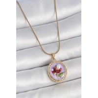 316L Çelik Gold Renk Zincir Mor Mineli İncili Çiçek İşlemeli Portre Model Kadın Kolye