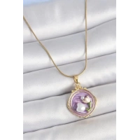 316L Çelik Gold Renk Zincir Mor Mineli İncili Çiçek İşlemeli Portre Model Kadın Kolye