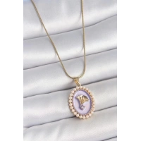 316L Çelik Gold Renk Zincir Mor Mineli İncili Zirkon Taşlı Çiçek İşlemeli Portre Model Kadın Kolye