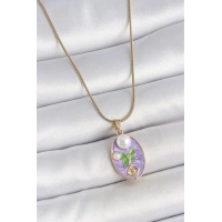 316L Çelik Gold Renk Zincir Mor Mineli Oval İncili Çiçek İşlemeli Portre Model Kadın Kolye