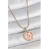 316L Çelik Gold Renk Zincir Pembe Mineli Çiçek İşlemeli Portre Model Kadın Kolye