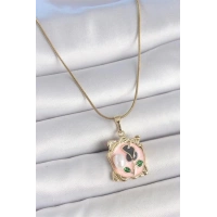 316L Çelik Gold Renk Zincir Pembe Mineli Çiçek İşlemli İnci Detay Portre Model Kadın Kolye