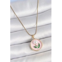 316L Çelik Gold Renk Zincir Pembe Mineli İncili Çiçek İşlemeli Portre Model Kadın Kolye