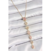 316L Çelik Gold Renk Zincir Pembe Zirkon Taşlı Y Model Dekolte Kadın Kolye