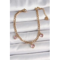 316L Çelik Gold Renk Zincir Sallantı Pembe Zirkon Taşlı Kalp Model Kadın Bileklik