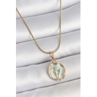 316L Çelik Gold Renk Zincir Turkuaz Mineli Çiçek İşlemeli Portre Model Kadın Kolye