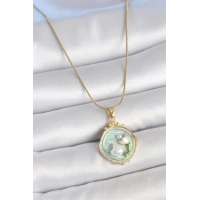 316L Çelik Gold Renk Zincir Turkuaz Mineli İncili Çiçek İşlemeli Portre Model Kadın Kolye