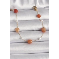 316L Çelik Gold Renk Zincir Turuncu Doğaltaş Model İnci Detay Kadın Bileklik