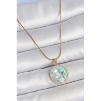 316L Çelik Gold Renk Zincir Zirkon Taş Detaylı Mavi Mineli Çiçek İşlemeli İnci Detay Kadın Kolye