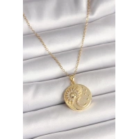 316L Çelik Gold Renk Zincir Zirkon Taşlı Ay Güneş İşlemeli Madalyon Model Kadın Kolye