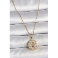 316L Çelik Gold Renk Zincir Zirkon Taşlı Ay Yıldız Model Kadın Kolye