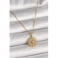 316L Çelik Gold Renk Zincir Zirkon Taşlı Güneş Model Kadın Kolye