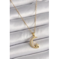 316L Çelik Gold Renk Zincir Zirkon Taşlı Hilal Model Yıldız Detay Kadın Kolye