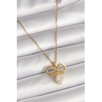 316L Çelik Gold Renk Zincir Zirkon Taşlı Kurdele Model Kadın Kolye