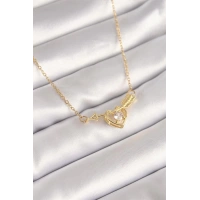 316L Çelik Gold Renk Zincir Zirkon Taşlı Ok Kalp Model Kadın Kolye
