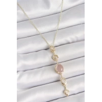 316L Çelik Gold Renk Zincir Zirkon Taşlı Pembe Mineli Y Model Dekolta Kadın Kolye