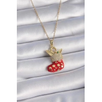 316L Çelik Gold Renk Zincir Zirkon Taşlı Yılbaşı Temalı Kırmızı Noel Çorabı Figür Kadın Kolye