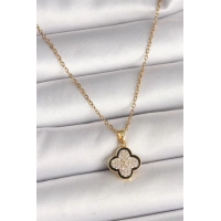 316L Çelik Gold Renk Zincir Zirkon Taşlı Yonca Model Kadın Kolye