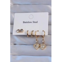 316L Çelik Gold Renk Zirkon Taşlı Kalp Model Halka Küpe Seti