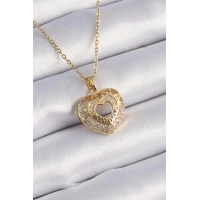 316L Çelik Gold Renk Zirkon Taşlı Kalp Model Vintage Kadın Kolye