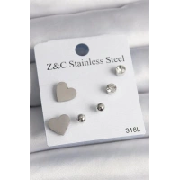 316L Çelik Gold Renk Zirkon Taşlı Kalpli Kadın Küpe Seti