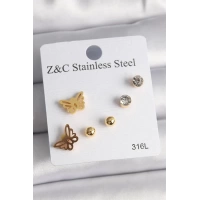 316L Çelik Gold Renk Zirkon Taşlı Kelebek Figür Kadın Küpe Seti