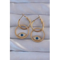 316L Çelik Gold Renk Zirkon Taşlı Mavi Göz Tasarımlı Halka Küpe