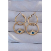 316L Çelik Gold Renk Zirkon Taşlı Mavi Göz Tasarımlı Halka Küpe